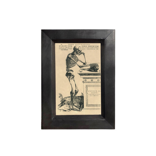 Halloween Halloween Skeleton at Tomb 4×6″ Print Behind Glass. Black Distressed Solid Wood Frame. Framed size is 5-1/4 x 7-1/4″.