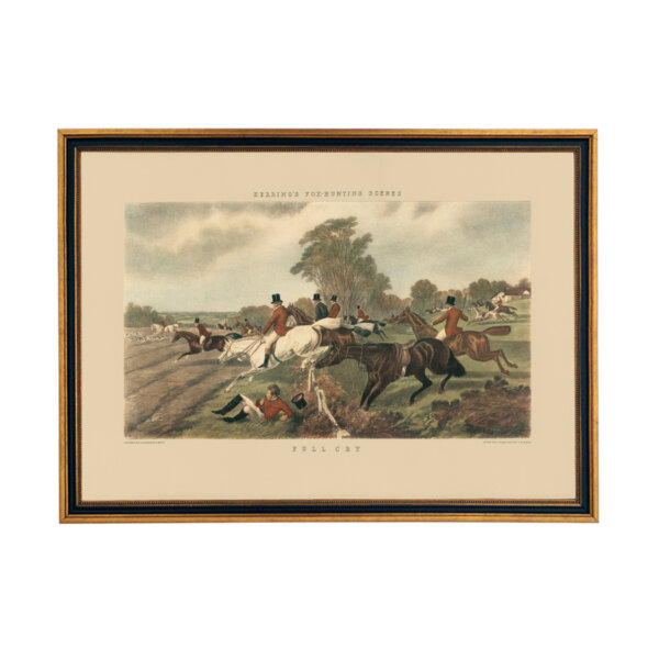 Equestrian/Fox Equestrian J.F. Herring “Full Cry” Fox Hunting Scene (cir. 1867) Print Behind Glass in Black and Gold Wood Frame- 15-1/2″ x 21-1/2″