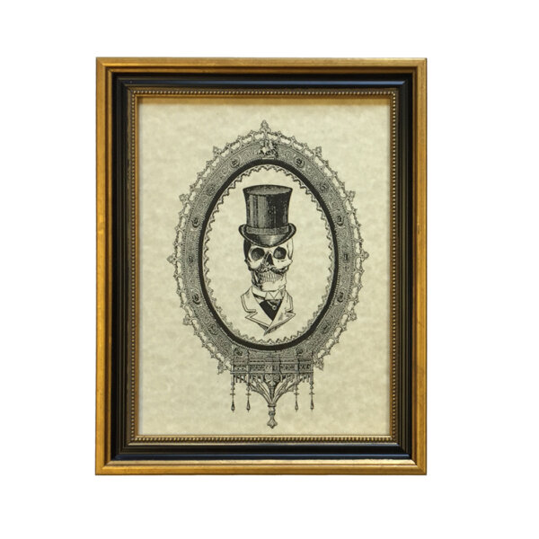Halloween Halloween Skull in Top Hat 8 x 10″ Print Behind Glass. Gold and Black Solid Wood Frame. Framed size is 9-3/8 x 11-3/8″.