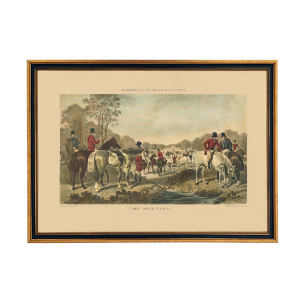 Equestrian/Fox Equestrian J.F. Herring “The Meeting” Fox Hunting Scene (cir. 1867) Print Behind Glass in Black and Gold Wood Frame- 15-1/2″ x 21-1/2″