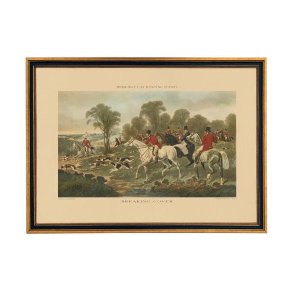 Equestrian/Fox Equestrian J.F. Herring “Breaking Cover” Fox Hunting Scene (cir. 1867) Print Behind Glass in Black and Gold Wood Frame- 15-1/2″ x 21-1/2″