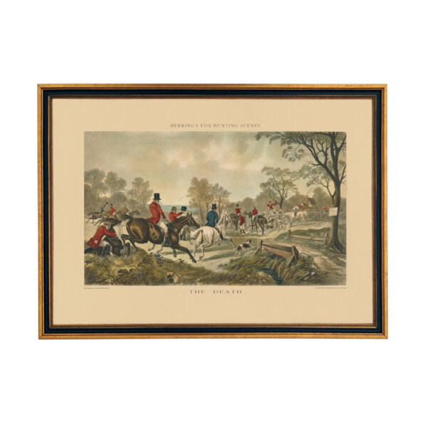 Equestrian/Fox Equestrian J.F. Herring “The Death” Fox Hunting Scene (cir. 1867) Print Behind Glass in Black and Gold Wood Frame- 15-1/2″ x 21-1/2″
