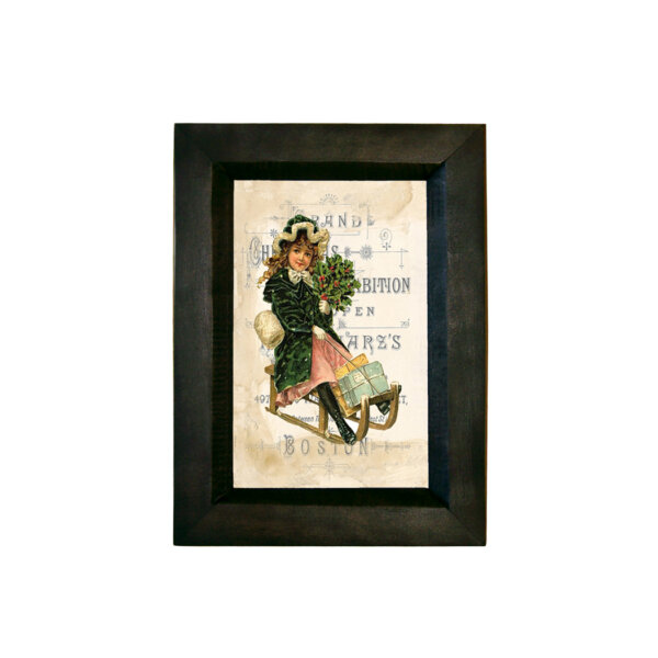 Christmas Christmas Victorian Christmas Girl on Sled Print Behind Glass in Black Distressed Solid Wood Frame