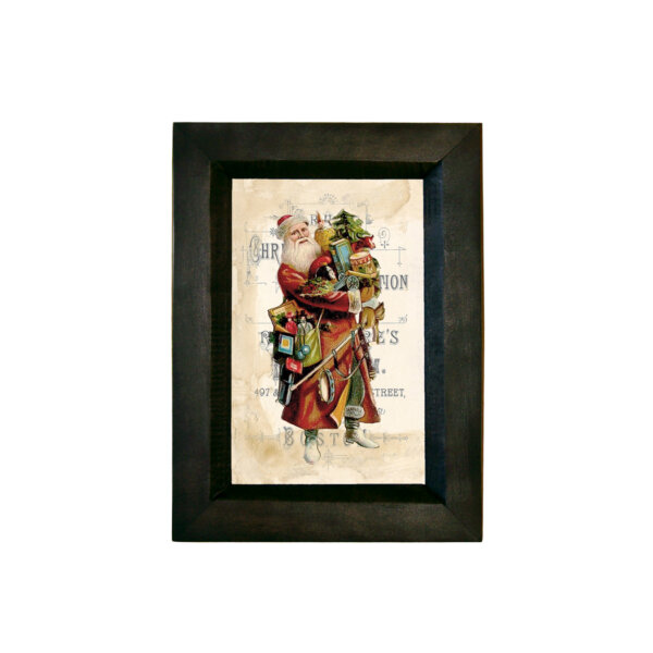 Christmas Christmas Santa with Armful of Toys Print Behind Glass in Black Distressed Wood Frame. Framed size is 7-1/4″ x 5-1/4″.