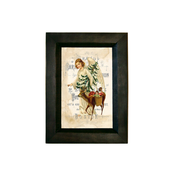 Christmas Christmas Victorian Angel with Christmas Tree and Deer Print Behind Glass in Black Distressed Solid Wood Frame