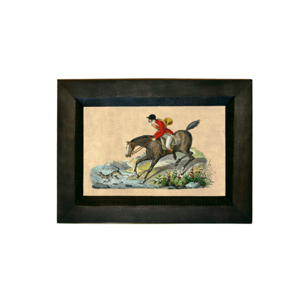 Equestrian/Fox Equestrian Follow The Hound 4″ x 6″ Print Behind Glass. Black Distressed Solid Wood Frame. Framed size is 7-1/4″ x 5-1/4″.