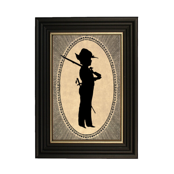 Early American Revolutionary/Civil War Framed Colonial Boy with Rifle Printed Silhouette- Antique Vintage Style