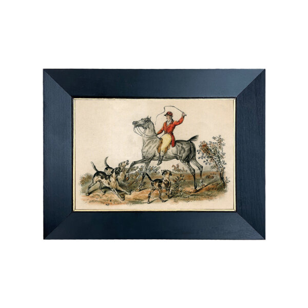 Equestrian/Fox Equestrian Defaulting Dogs Equestrian Fox Hunt Scene Print Behind Glass in Black and Gold Wood Frame- 5″ x 7″ Print Framed to 7″ x 9″