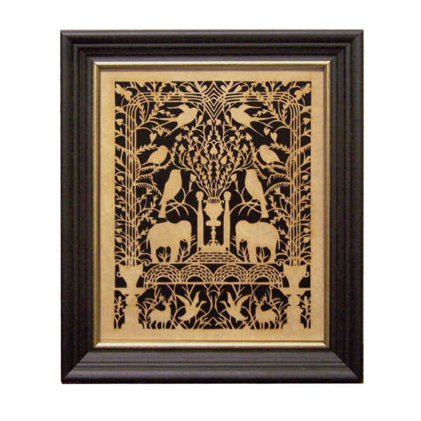 Scherenschnitte Early American 10″ x 12″ Paired Birds and Elephants Scherenschnitte Paper Cutting in Black Frame with Gold Trim