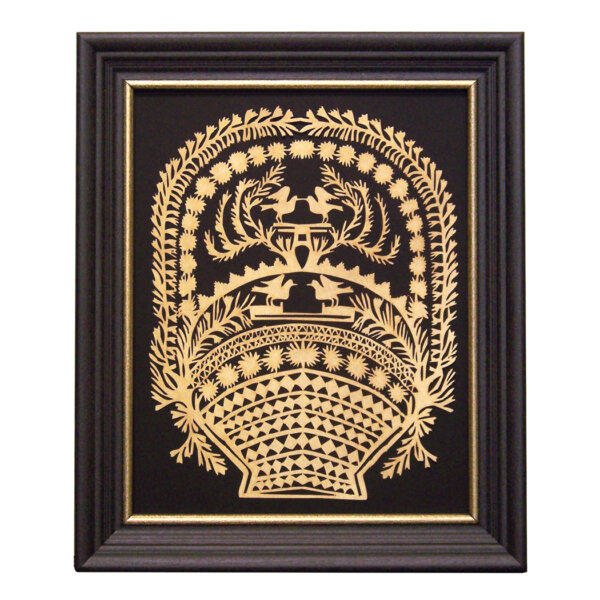 Scherenschnitte Early American 10″ x 12″ Lovebirds Basket Scherenschnitte Paper Cutting in Black Frame with Gold Trim- Antique Vintage Style
