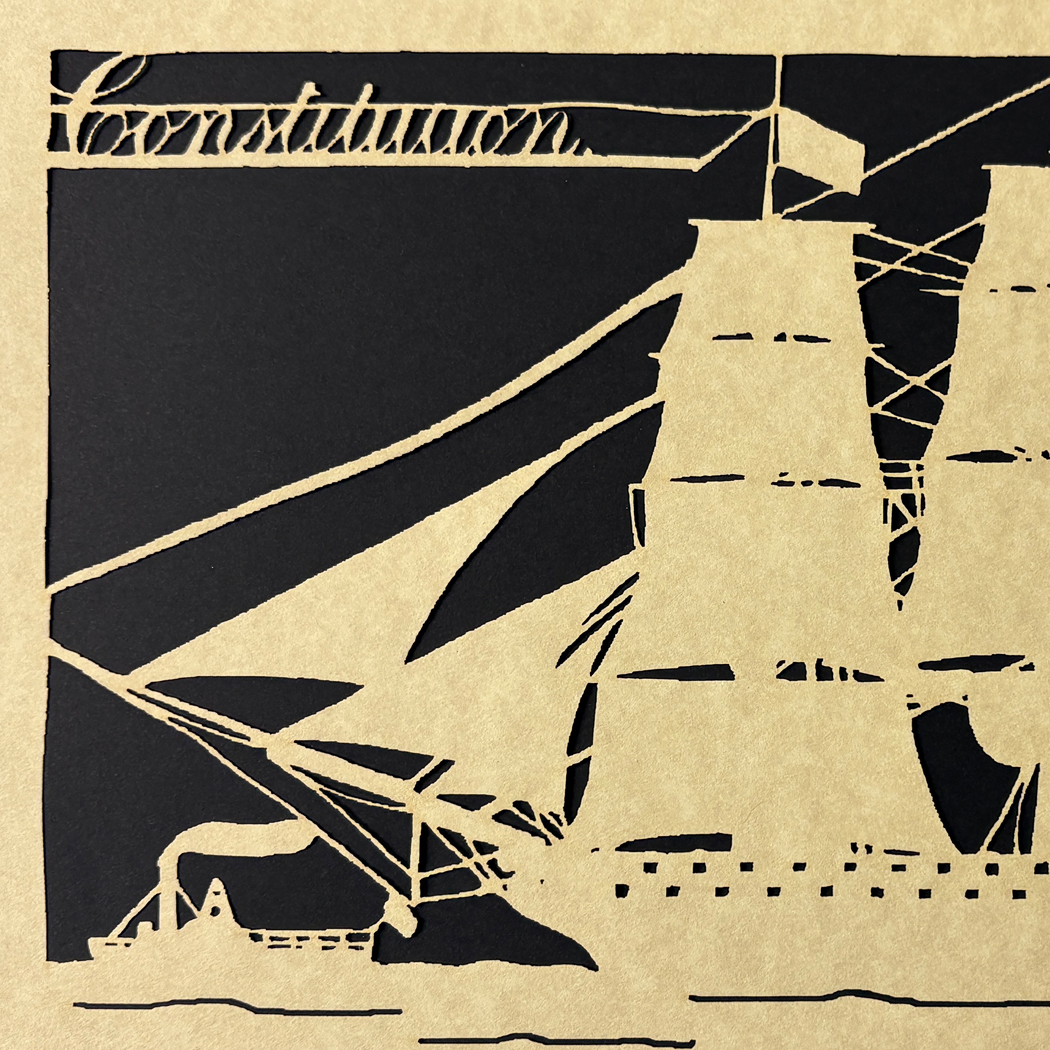 Scherenschnitte Early American Ship “Constitution” w/ Steamer & Schooner Scherenschnitte
