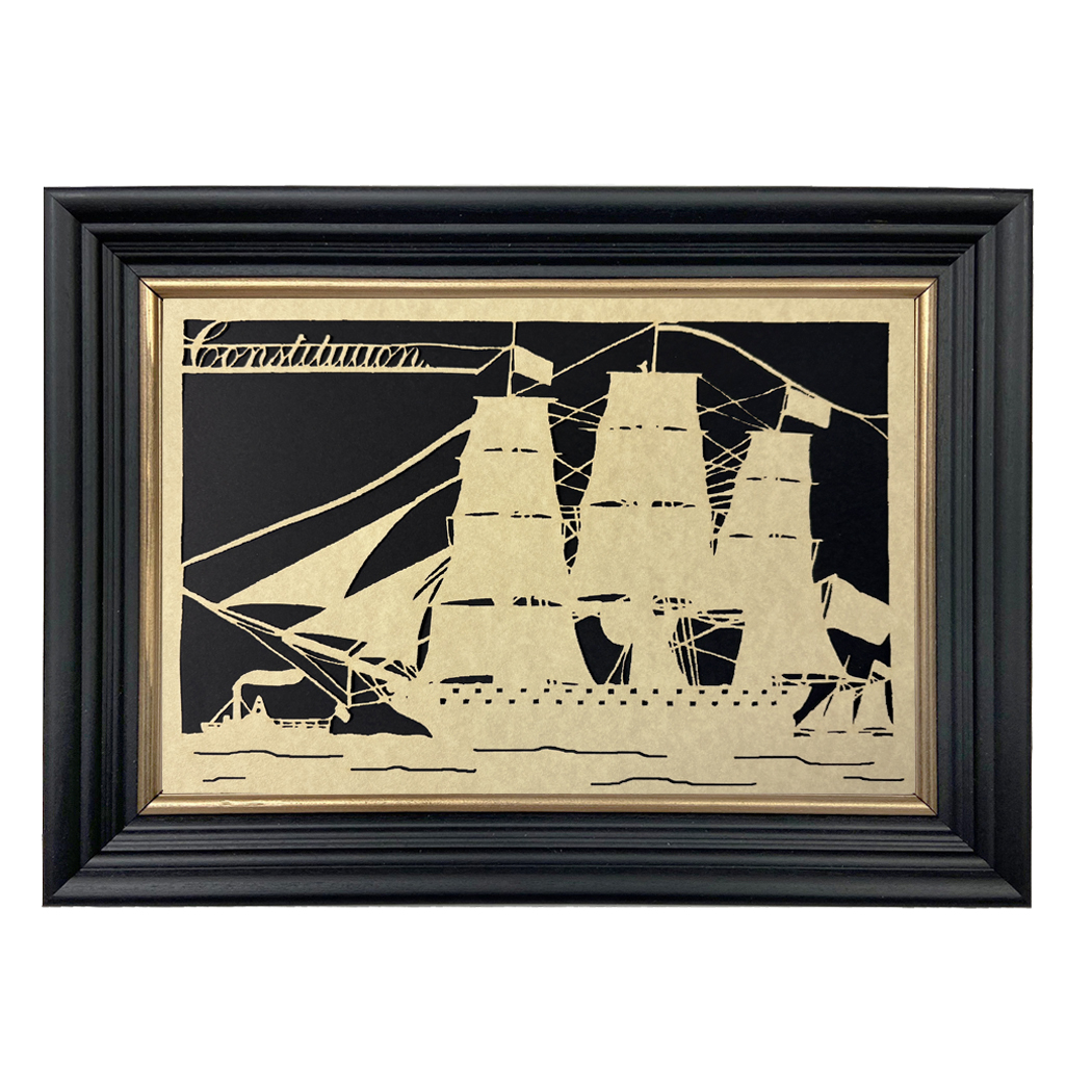 Scherenschnitte Early American Ship “Constitution” w/ Steamer & Schooner Scherenschnitte