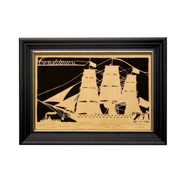 Scherenschnitte Early American 9″ x 12″ Ship “Constitution” with Steamer and Schooner Scherenschnitte Paper Cutting in Black Frame with Gold Trim