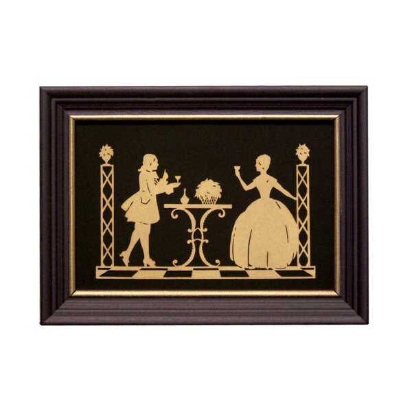 Scherenschnitte Early American A Glass of Wine Scherenschnitte Paper Cutting in Black Frame with Gold Trim