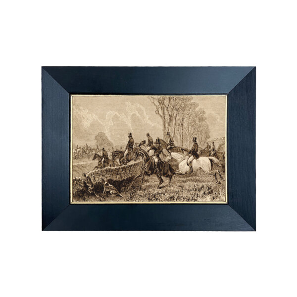 Equestrian/Fox Equestrian “Full Cry” Equestrian Fox Hunt Etching Print Behind Glass in Black and Gold Wood Frames- 5″ x 7″ Framed to 7″ x 9″
