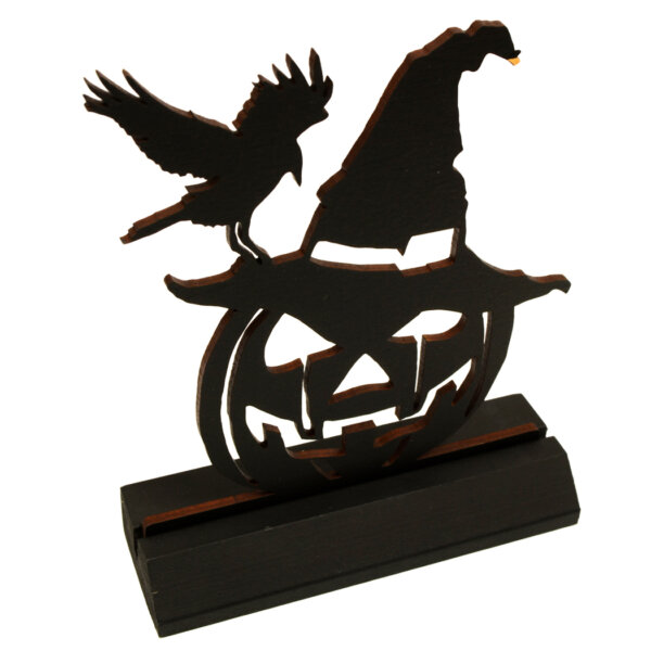 Wooden Silhouette Halloween 5″ Jack-O-Lantern and Crow Standing Wood Silhouette Halloween Tabletop Ornament Sculpture Decoration