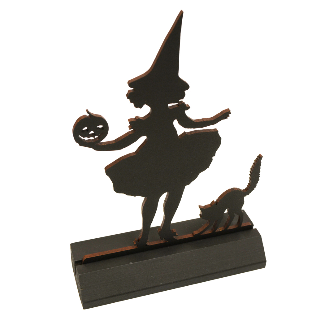 Halloween Decor Halloween 7″ Witch w/ Pumpkin Standing Wood Silhouette w/ Base