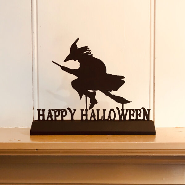 Wooden Silhouette Halloween 7″ Standing Wooden “Happy Halloween” Witch Silhouette Halloween Tabletop Ornament Sculpture Decoration