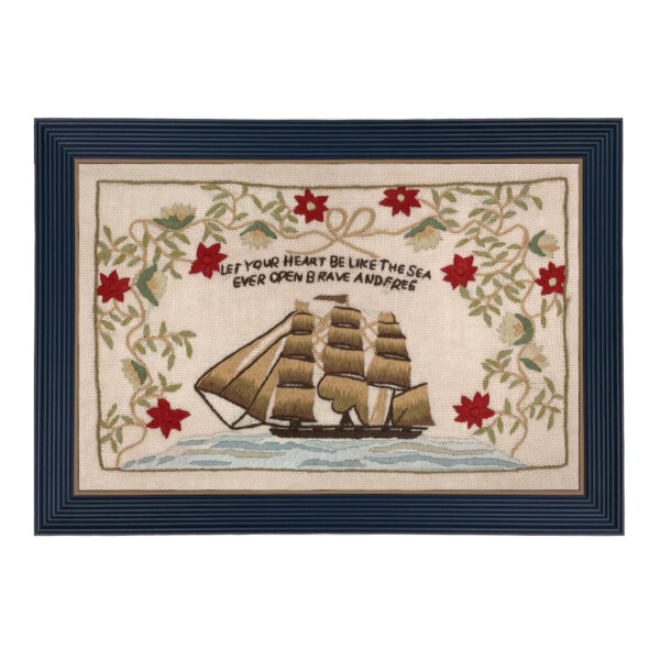 Sampler Prints Nautical Let Your Heart Be Like The Sea Antiqued Embroidery Needlepoint Sampler PRINT in Black and Gold Frame.