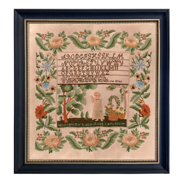 Sampler Prints Early American Lucy Bugg Antique Embroidery Needlepoint Sampler Framed PRINT- Black  and  Gold Bead Frame. 16-1/4″ x 17-1/2″ Frame