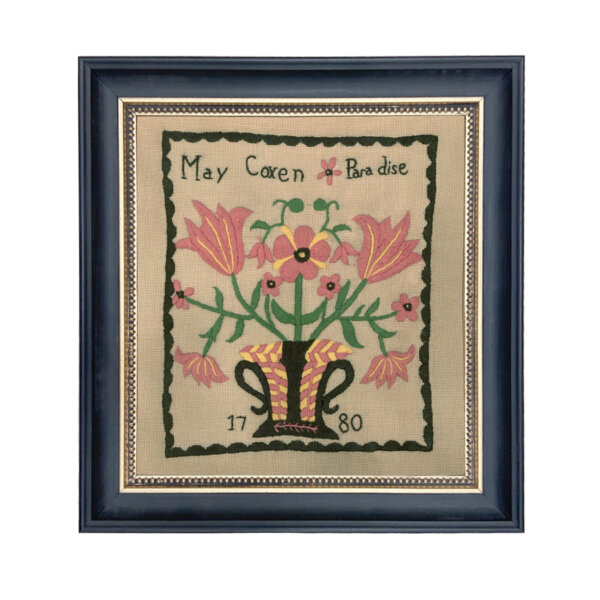 Sampler Prints Early American May Coxen Paradise 1780 Antique Embroidery Needlepoint Sampler Framed PRINT- Black  and  Gold Bead Frame. 11-3/4″ x 12-3/4″ Frame