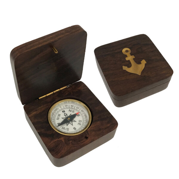 Compasses Nautical 3″ Brass Inlaid Anchor Wood Compass Box with 1-3/4″ Inlaid Brass Compass- Antique Reproduction
