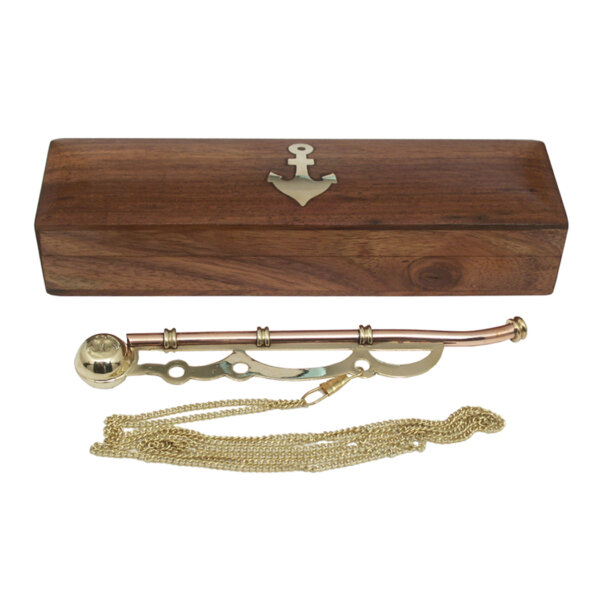 Instruments Nautical 7-1/2″ Brass  and  Copper Bosun Whistle with Brass Chain in Solid Rosewood Storage Box- Antique Vintage Style