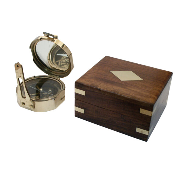 Compasses Nautical 3″ Solid Polished Brass Brunton-Style Compass in Wooden Storage Box with Inlaid Brass Accents- Antique Vintage Style