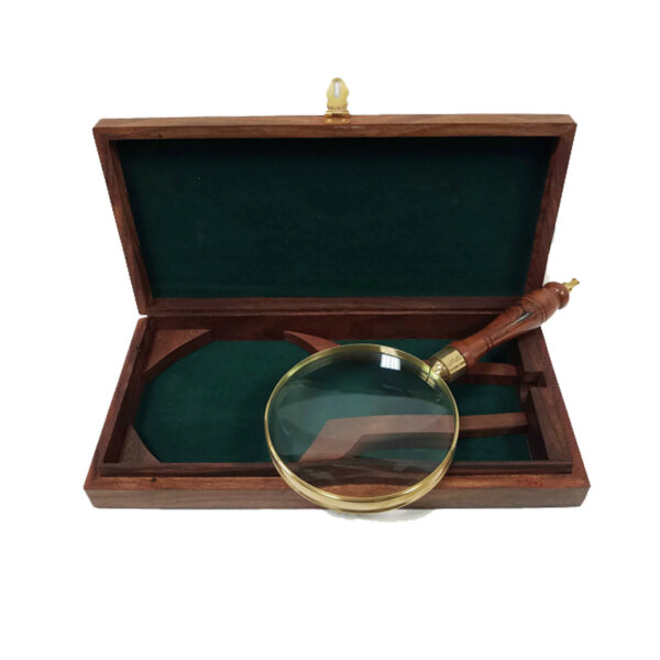 Desk Top Accessories Writing 9-1/4″ Brass and Wood Magnifier Glass with Storage Case – Antique Reproduction
