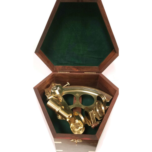 Instruments Nautical Large 8-1/2″ Solid Polished Brass Nautical Sextant Antique Reproduction in Rosewood Hinged Box with Polished Brass Accent Inlay