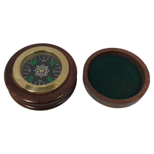 Compasses Nautical 3″ Polished Solid Brass Compass in Round Wood Compass Box with Decorative Brass Inlay- Antique Vintage Style