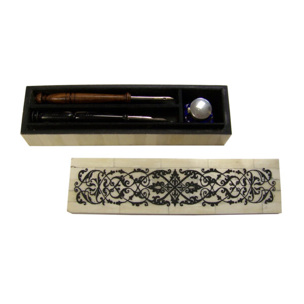 Writing Boxes & Travel Trunks Writing 10″ Decorative Bone Pen Box with Cobalt Inkwell –  Wood Nib Pen –  Black Horn Nib Pen –  and Ink Powder – Antique Vintage Style