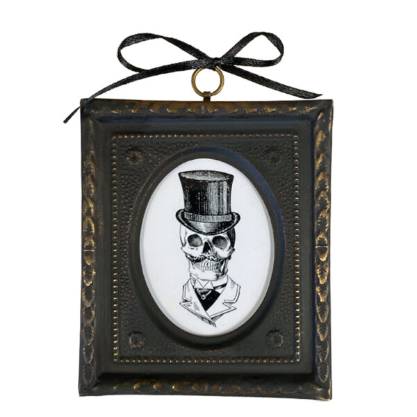 Halloween Decor Halloween 4-1/2″ Gentleman Skull Print in Embossed Black and Brass Frame- Antique Vintage Style