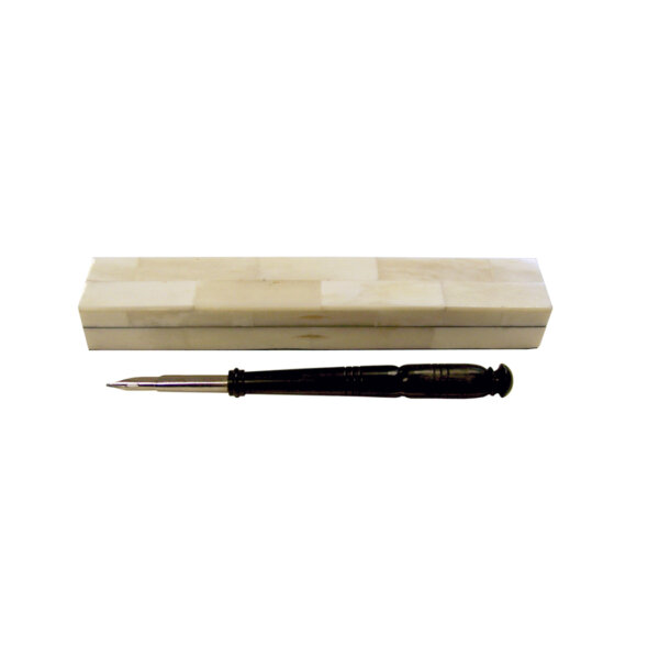 Writing Boxes & Travel Trunks Writing 8-1/4″ Bone Pen Box with Black Horn Nib Pen