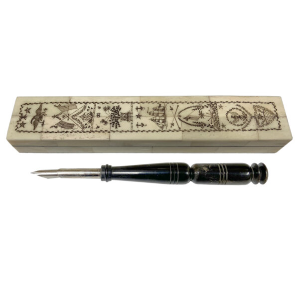 Writing Boxes & Travel Trunks Nautical 8-1/4 “Americana” Scrimshaw Pen Box with Turned Horn Nib Pen- Antique Vintage Style