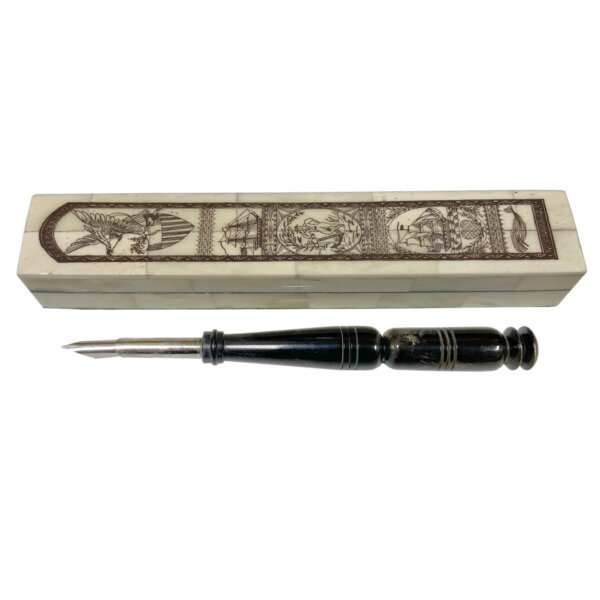 Writing Boxes & Travel Trunks Nautical 8-1/4 “Life at Sea” Scrimshaw Pen Box comes with Turned Horn Nib Pen.