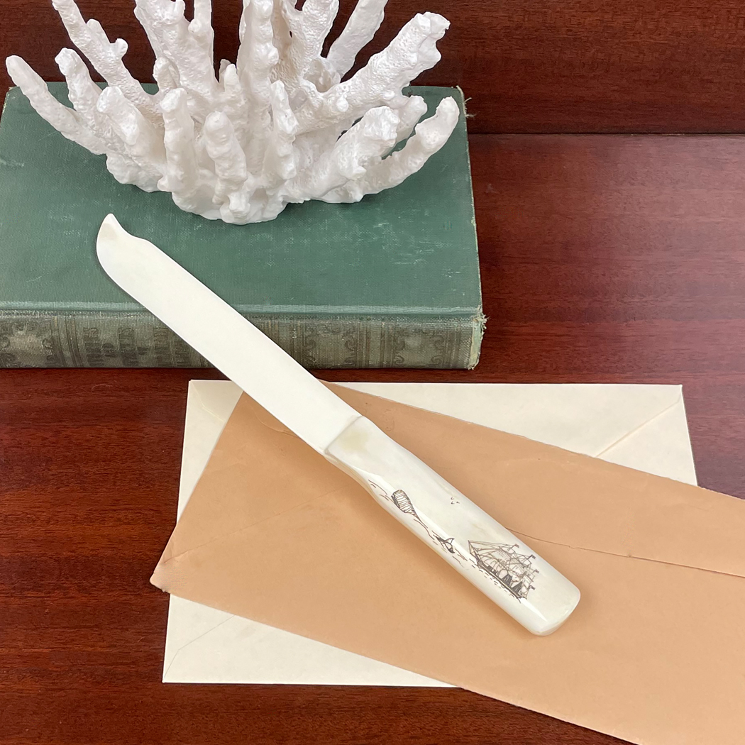 Letter Openers/Magnifiers Nautical 9″ 19th C. Whaling Schooner Scrimshaw OxBone Letter Opener
