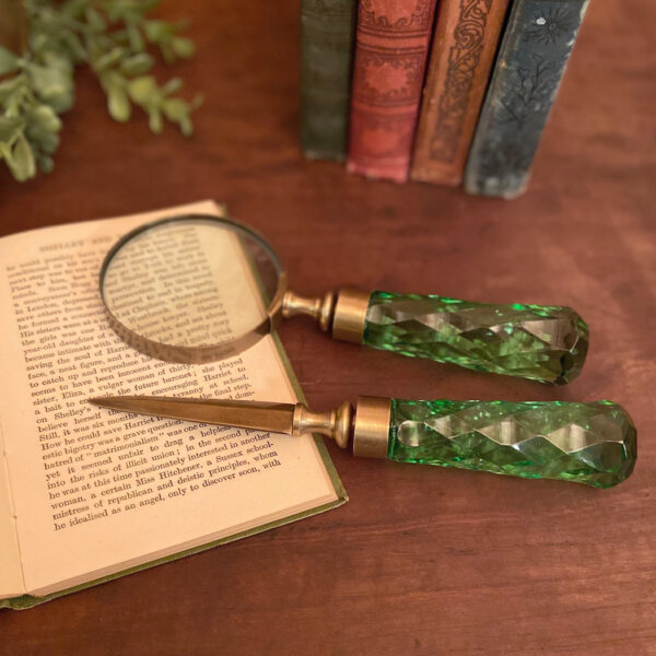 Desk Top Accessories Writing Brass and Glass Magnifier and Letter Opener Desk Set- Antique Vintage Style