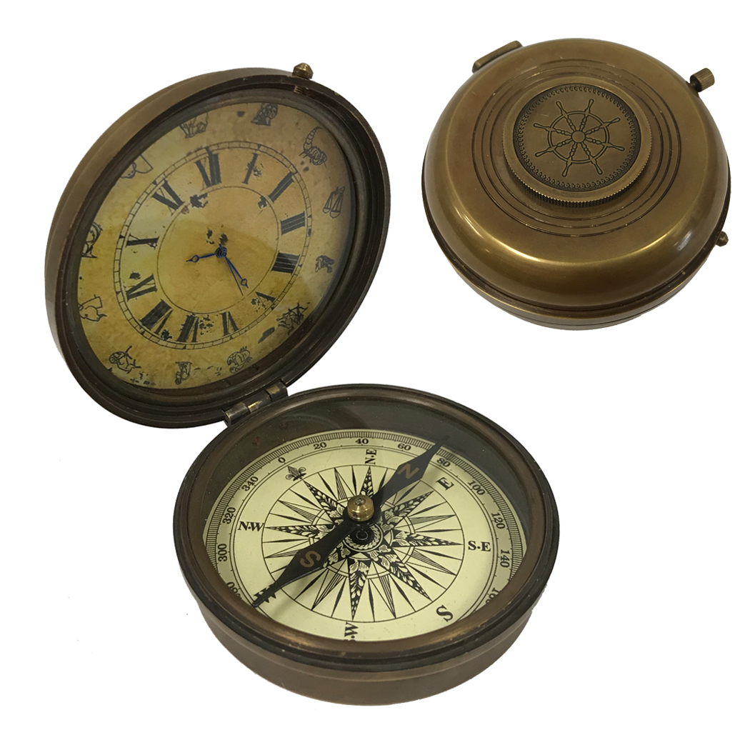 3 Antiqued Brass Compass and Clock with Hinged Lid- Antique