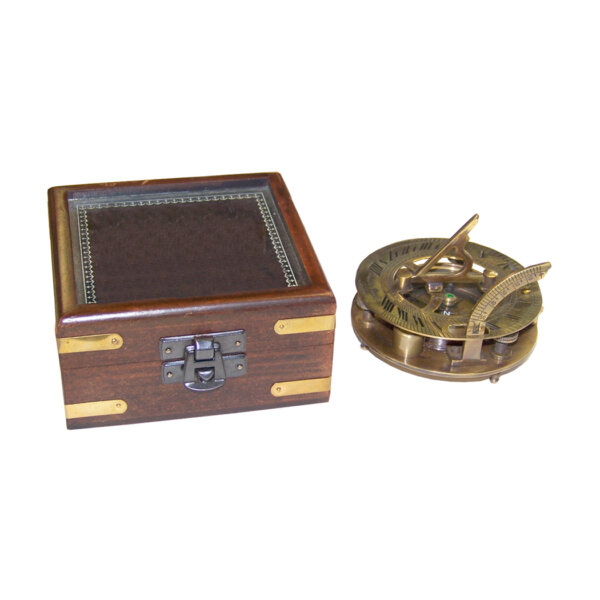 Compasses Nautical 3″ Brass Round Sundial Compass with Wooden Box and Glass Lid