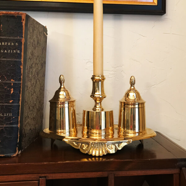 Candles/Lighting Early American 9-1/2″ Polished Brass Dual Inkwell Stand with Candle Holder – Antique Vintage Style