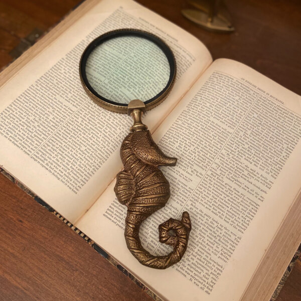 Desk Top Accessories Nautical 9-1/2″ Antiqued Brass Seahorse Magnifying Glass – Antique Vintage Style