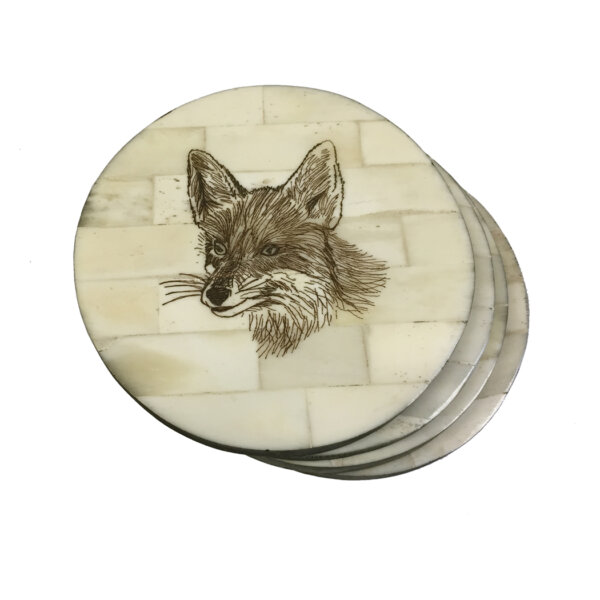 Trays & Barware Equestrian Fox Head Scrimshaw Bone Coasters (Set of 4)