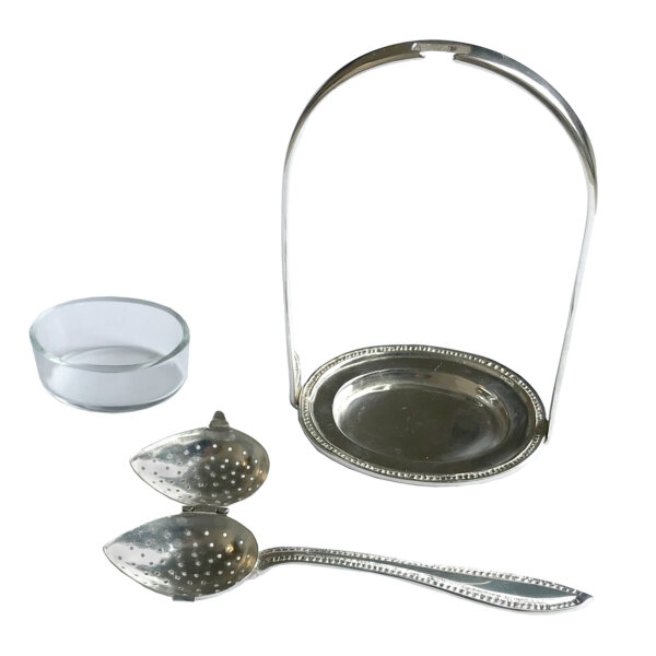 Teaware Teaware 7″ Silver-Plated Tea Strainer Spoon and Stand with Glass Bowl