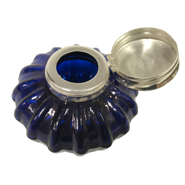 Desk Top Accessories Writing 3″ Cobalt Blue Swirl Glass Inkwell with Nickel Plated Lid- Antique Vintage Style