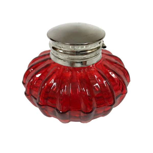 Desk Top Accessories Writing 3″ Red Swirl Glass Inkwell with Nickel Plated Lid- Antique Vintage Style