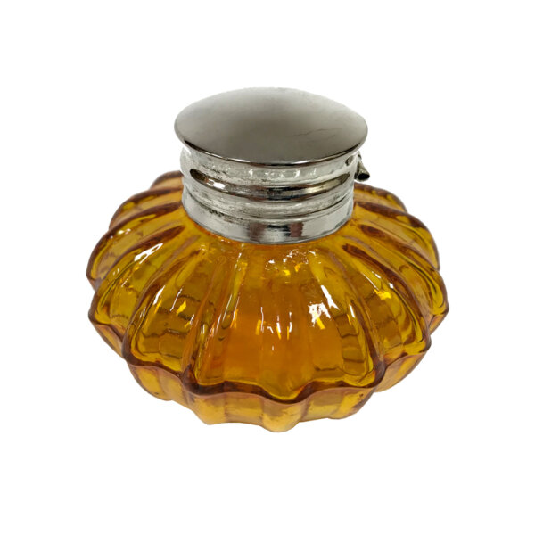 Desk Top Accessories Writing 3″ Amber Swirl Glass Inkwell with Nickel Plated Lid- Antique Vintage Style