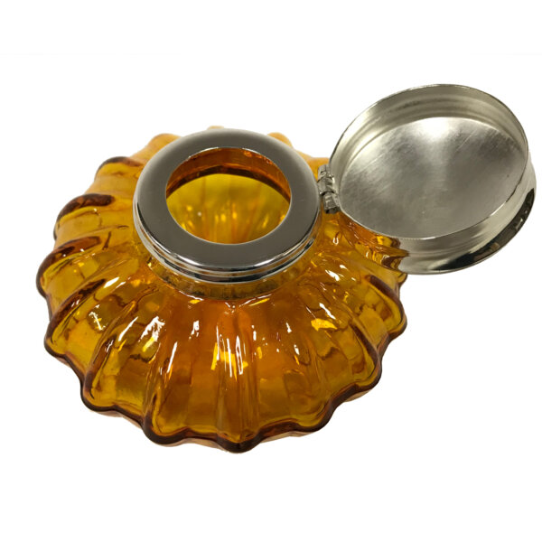 Desk Top Accessories Writing 3″ Amber Swirl Glass Inkwell with Nickel Plated Lid- Antique Vintage Style