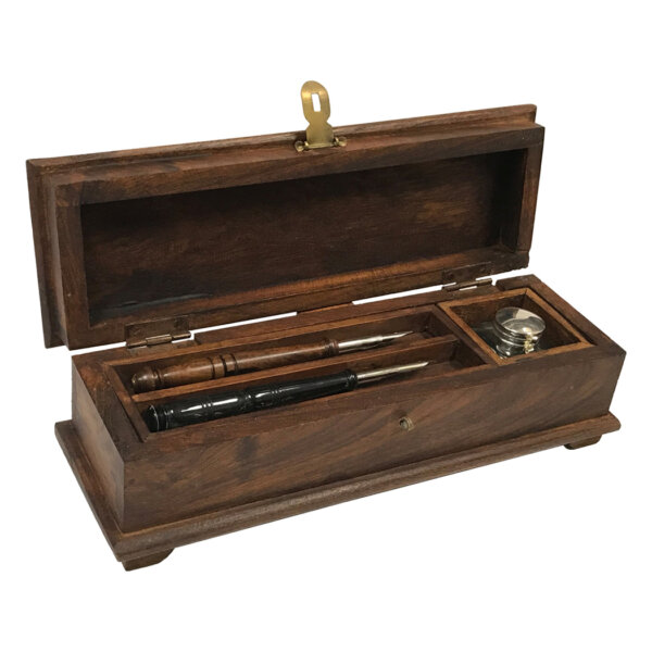 Writing Boxes & Travel Trunks Writing 12″ Colonial Distressed –  Teak and Mango Wood Portable Writing Pen Box with Clear Glass Inkwell –  Teak Wood  and  Ox Horn Pens –  Black Ink Powder