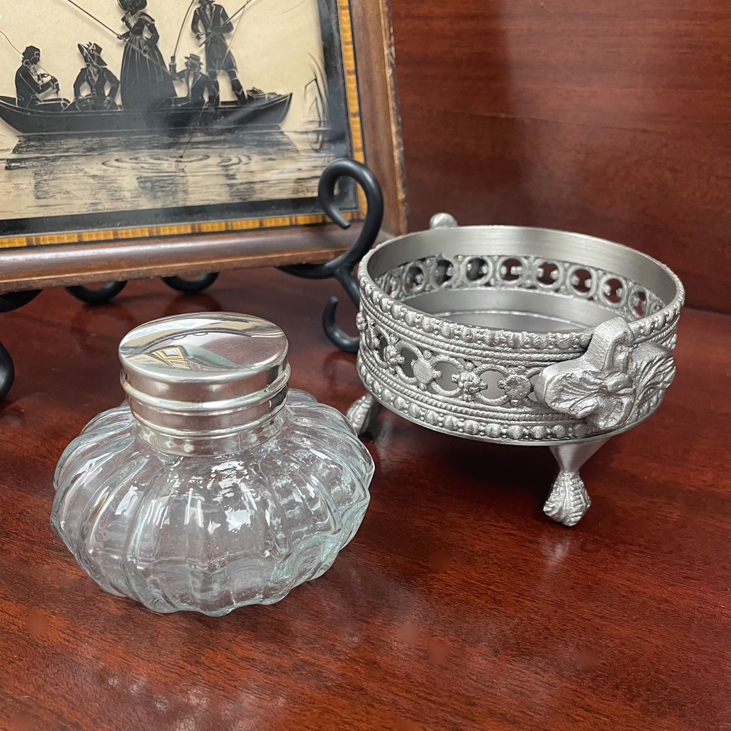 Inkwells Writing 4″ Pewter-Plated Inkwell Stand w/ Clear Glas ...